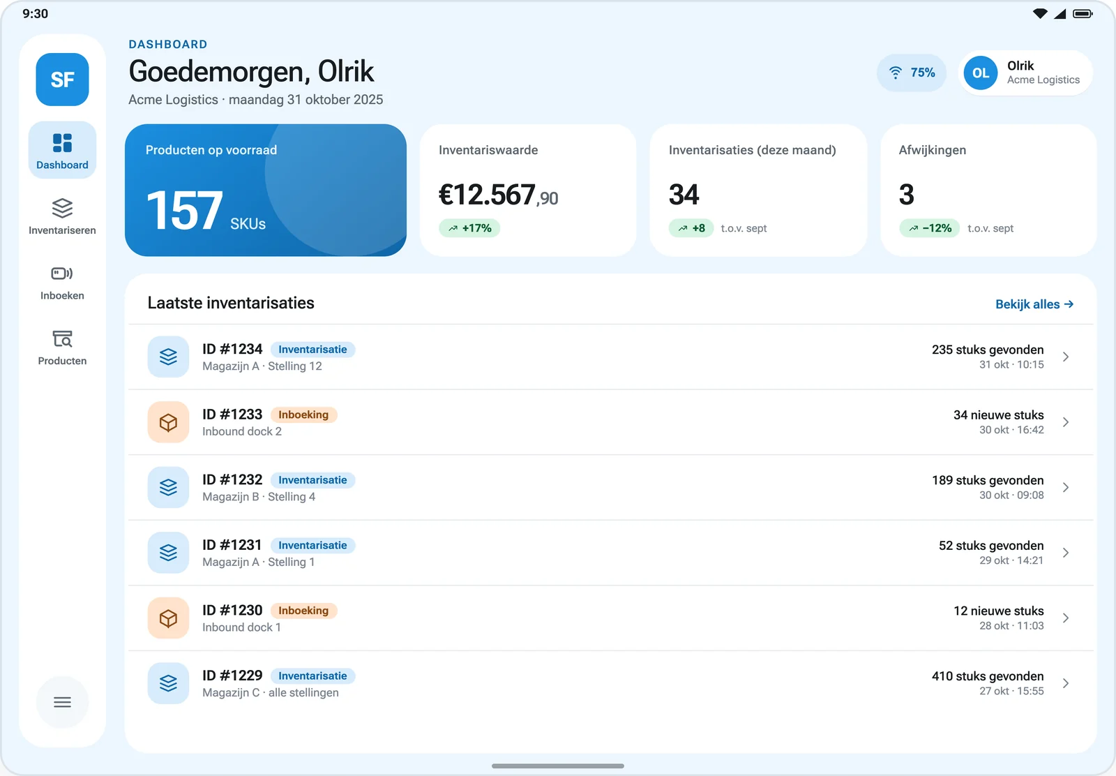 Het dashboard van STOCKflow met de actuele voorraadstand per locatie.