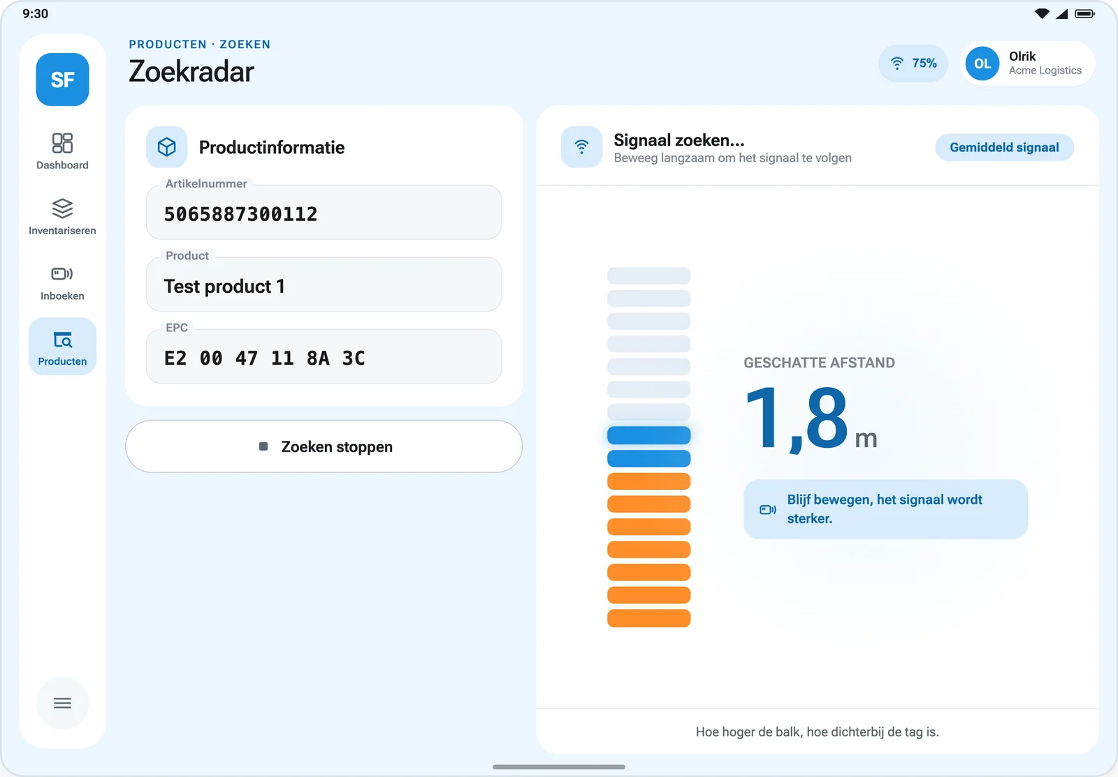 De zoekradar in STOCKflow toont signaalsterkte en richting naar een specifieke tag.